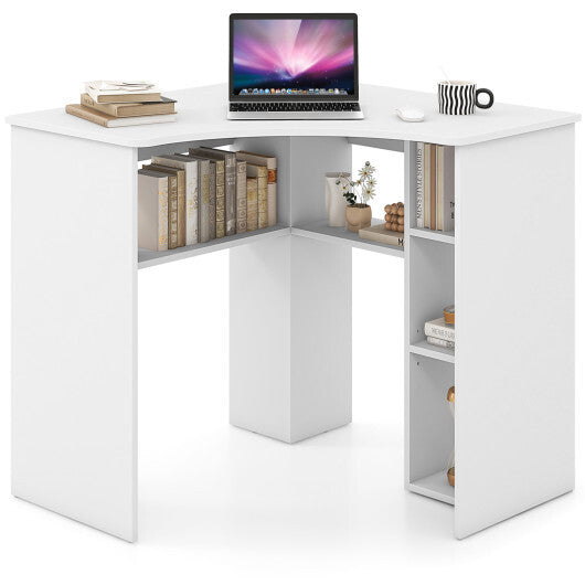 Corner Computer Desk Triangle Home Office Desk with Adjustable Shelf and Arc-Shaped Profile-White W2B