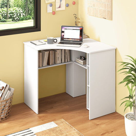 Corner Computer Desk Triangle Home Office Desk with Adjustable Shelf and Arc-Shaped Profile-White W2B
