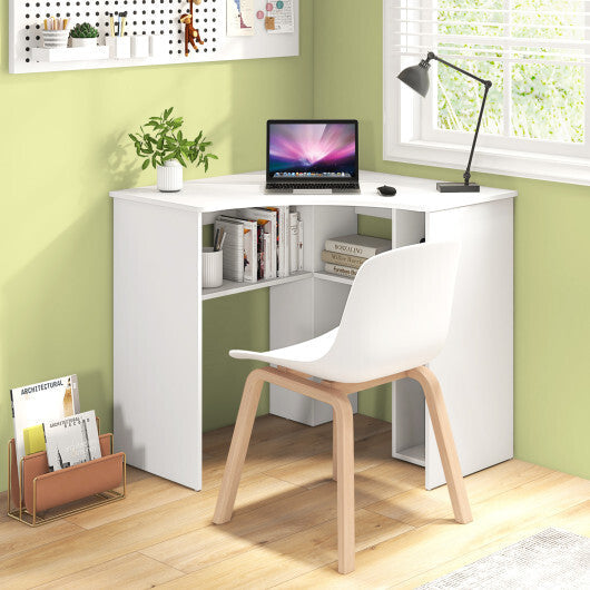 Corner Computer Desk Triangle Home Office Desk with Adjustable Shelf and Arc-Shaped Profile-White W2B