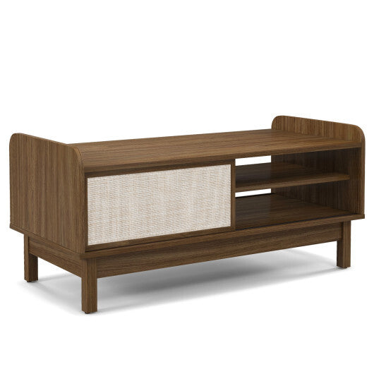 Mid-Century Center Table with Storage and Weaving Sliding Door & Adjustable Shelf-Walnut W2B