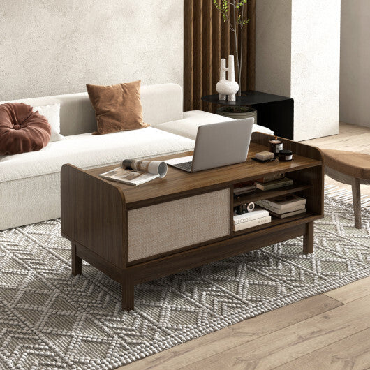 Mid-Century Center Table with Storage and Weaving Sliding Door & Adjustable Shelf-Walnut W2B