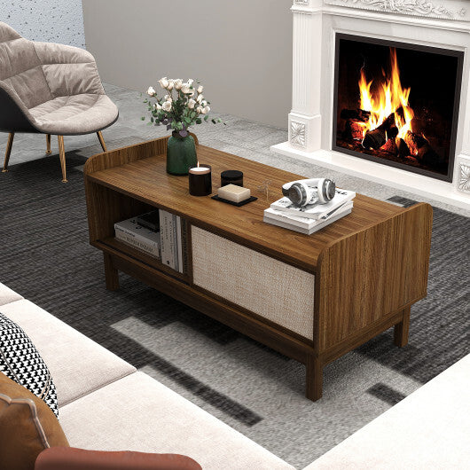 Mid-Century Center Table with Storage and Weaving Sliding Door & Adjustable Shelf-Walnut W2B