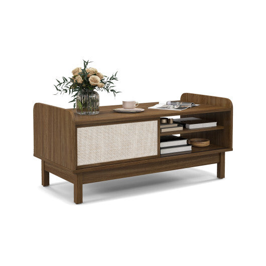 Mid-Century Center Table with Storage and Weaving Sliding Door & Adjustable Shelf-Walnut W2B