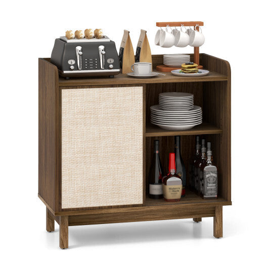 Rattan Buffet Sideboard Mid Century Floor Storage Cabinet with Sliding Door and Adjustable Shelves-Walnut - Color: Walnut W2B