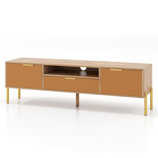 Mirrored TV Stand for TV up to 65 Inch with Spacious Tabletop and 2 Storage Cabinets-Natural W2B