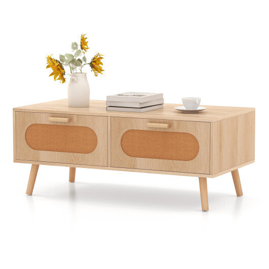 Rattan Coffee Table Mid Century Modern Center Table with 2 Storage Drawers-Natural W2B