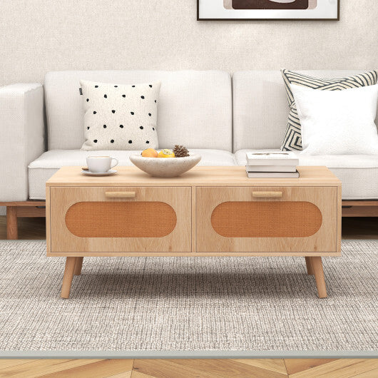 Rattan Coffee Table Mid Century Modern Center Table with 2 Storage Drawers-Natural W2B