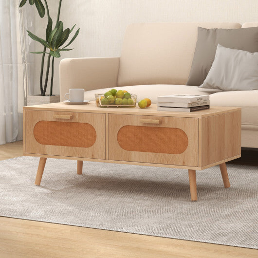 Rattan Coffee Table Mid Century Modern Center Table with 2 Storage Drawers-Natural W2B