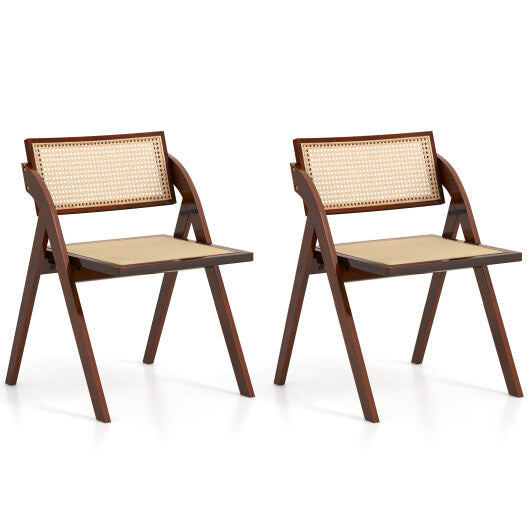 Foldable Dining Chairs Set of 2 with Woven Rattan Backrest-Natural