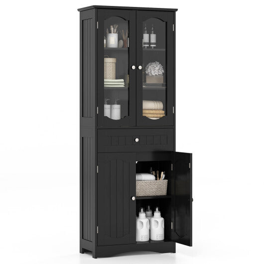 63 Inch Tall Bathroom Storage Cabinet with 2 Glass Doors and Adjustable Shelves-Black
