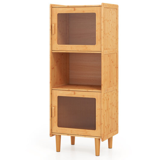 3-Cube Bamboo Storage Cabinet with Open Compartment and 2 Acrylic Doors-Natural W2B