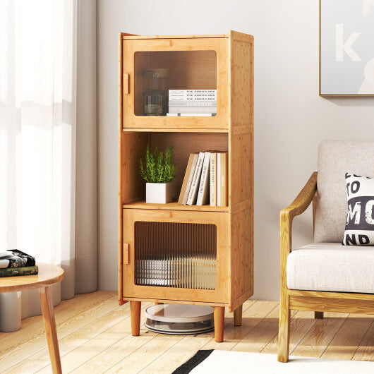 3-Cube Bamboo Storage Cabinet with Open Compartment and 2 Acrylic Doors-Natural W2B