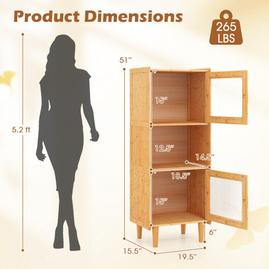 3-Cube Bamboo Storage Cabinet with Open Compartment and 2 Acrylic Doors-Natural W2B