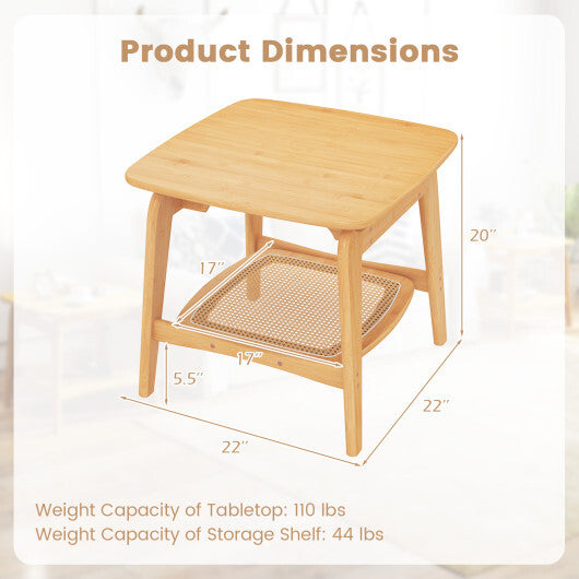 Boho Bamboo Sofa Side Table with Faux Rattan Storage Shelf-Natural