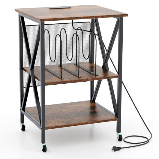 Mid-Century Record Player Stand with Built-in Charging Station-Gray W2B
