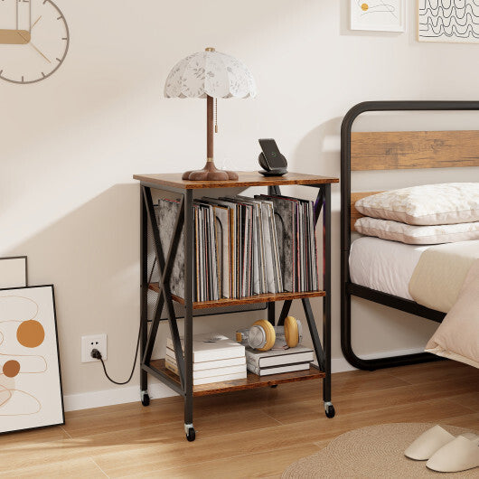 Mid-Century Record Player Stand with Built-in Charging Station-Gray W2B