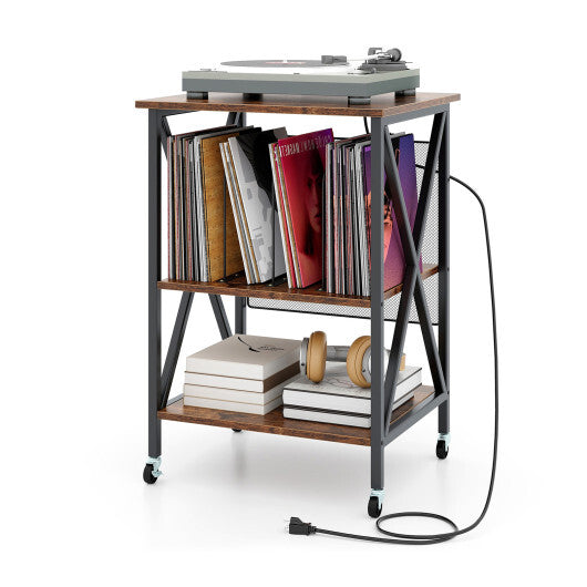 Mid-Century Record Player Stand with Built-in Charging Station-Gray W2B