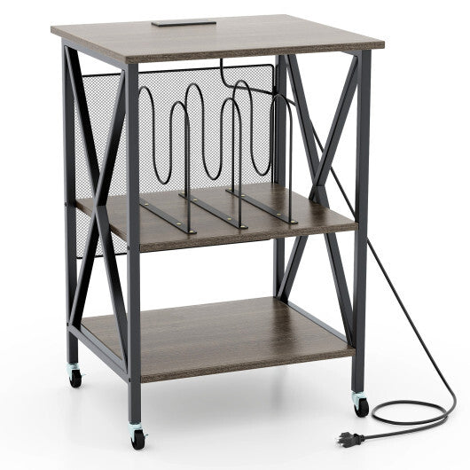 Mid-Century Record Player Stand with Built-in Charging Station-Gray W2B