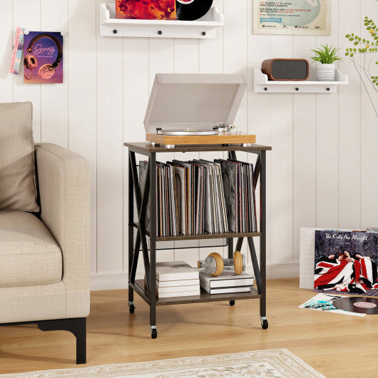 Mid-Century Record Player Stand with Built-in Charging Station-Gray W2B