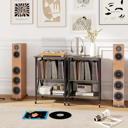 Mid-Century Record Player Stand with Built-in Charging Station-Gray W2B