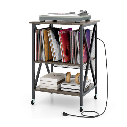 Mid-Century Record Player Stand with Built-in Charging Station-Gray W2B