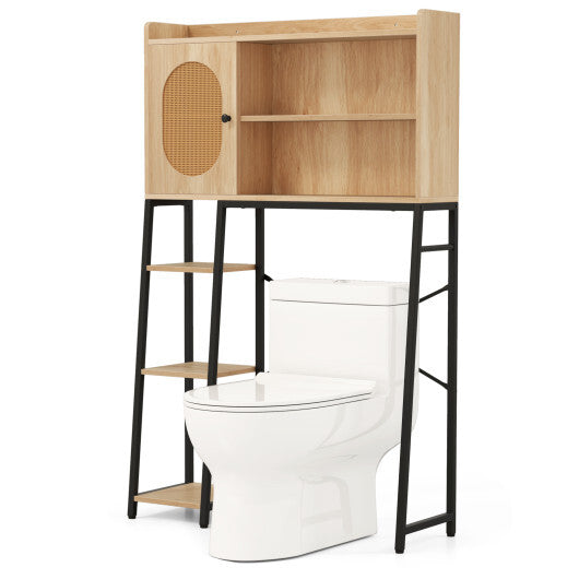 Over The Toilet Storage Cabinet with PE Rattan Door and Open Storage Shelves-Natural W2B