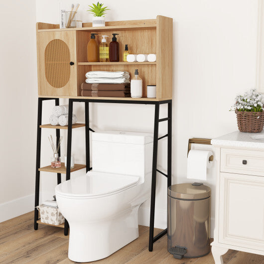 Over The Toilet Storage Cabinet with PE Rattan Door and Open Storage Shelves-Natural W2B