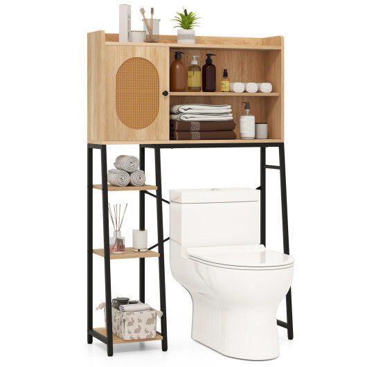 Over The Toilet Storage Cabinet with PE Rattan Door and Open Storage Shelves-Natural W2B