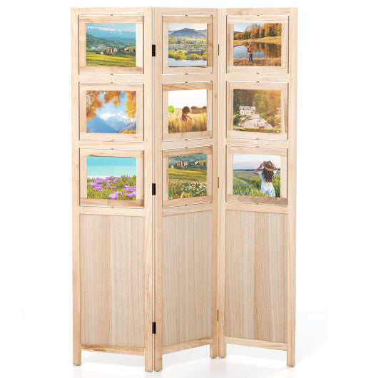 3 Panel Folding Privacy Screen with 9 Swivel Paulownia Wood Photo Frames-Natural W2B