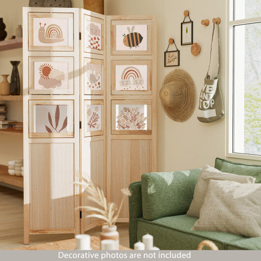 3 Panel Folding Privacy Screen with 9 Swivel Paulownia Wood Photo Frames-Natural W2B