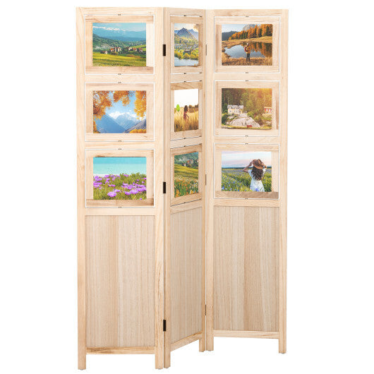 3 Panel Folding Privacy Screen with 9 Swivel Paulownia Wood Photo Frames-Natural W2B