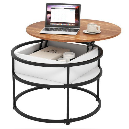 31.5 Inch Round Lift Top Coffee Table with Hidden Compartment and Side Shelves-Teak W2B