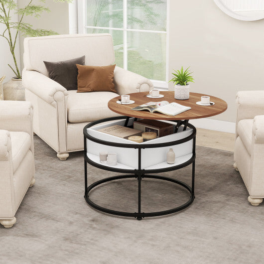 31.5 Inch Round Lift Top Coffee Table with Hidden Compartment and Side Shelves-Teak W2B