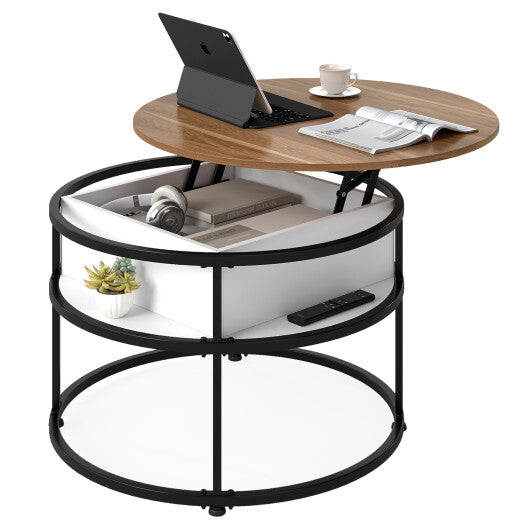 31.5 Inch Round Lift Top Coffee Table with Hidden Compartment and Side Shelves-Teak W2B