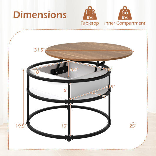 31.5 Inch Round Lift Top Coffee Table with Hidden Compartment and Side Shelves-Teak W2B