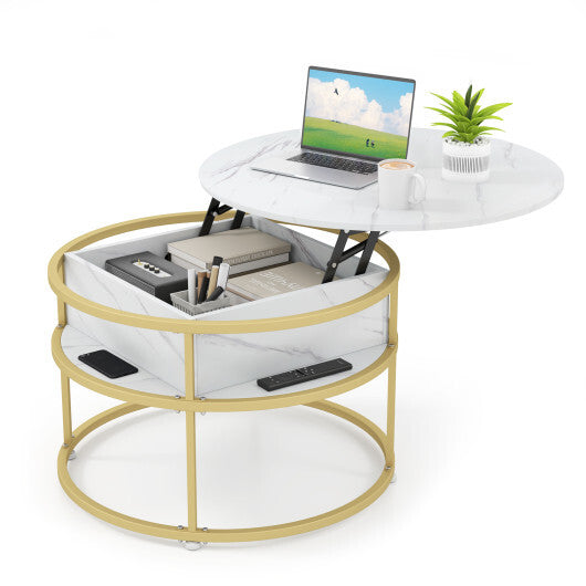 31.5 Inch Round Lift Top Coffee Table with Hidden Compartment and Side Shelves-Teak W2B