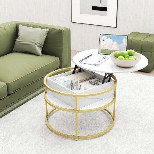 31.5 Inch Round Lift Top Coffee Table with Hidden Compartment and Side Shelves-Teak W2B