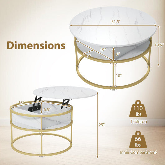 31.5 Inch Round Lift Top Coffee Table with Hidden Compartment and Side Shelves-Teak W2B