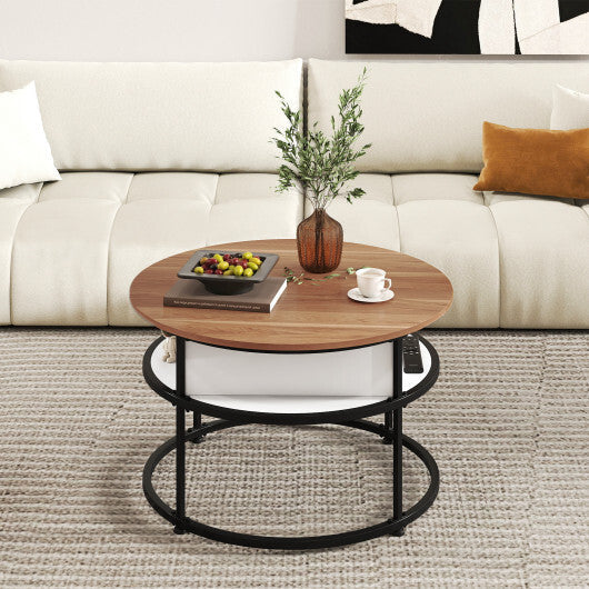 31.5 Inch Round Lift Top Coffee Table with Hidden Compartment and Side Shelves-Teak W2B