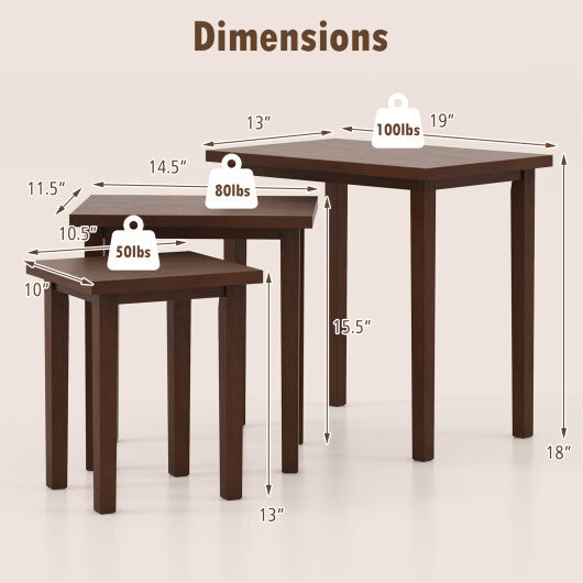 3-Piece Farmhouse Rectangle Side Table Set for Living Room-Walnut W2B