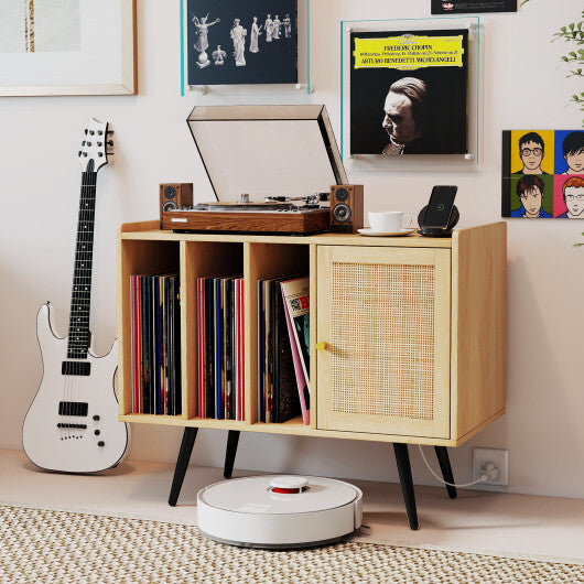Record Player Stand with Charging Station and Rattan Cabinet for Living Room-Natural