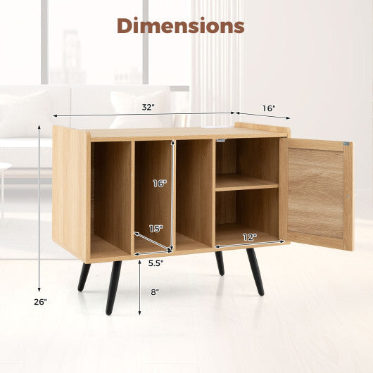 Record Player Stand with Charging Station and Rattan Cabinet for Living Room-Natural