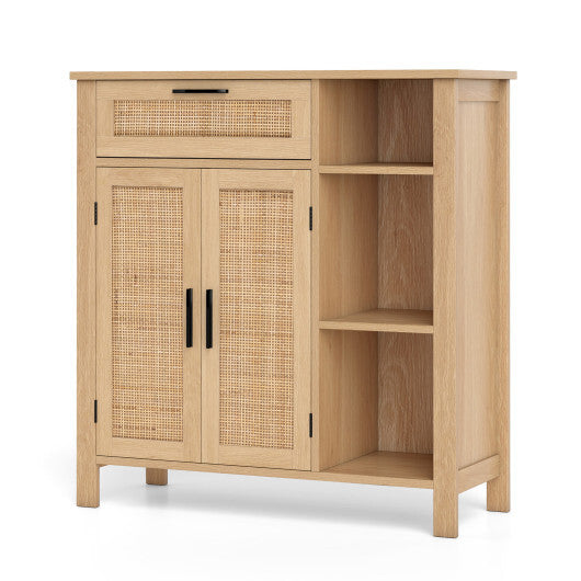 Boho Buffet Sideboard Storage Cabinet with Drawer and Rattan Woven Doors-Natural W2B