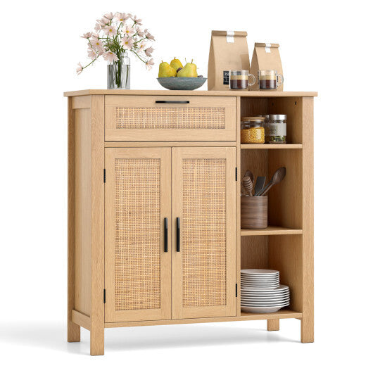 Boho Buffet Sideboard Storage Cabinet with Drawer and Rattan Woven Doors-Natural