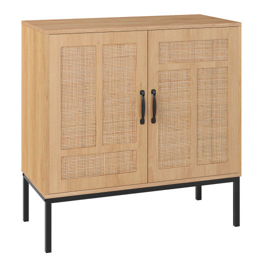 Boho Storage Cabinet with Asymmetrical Pattern Doors for Kitchen-Natural