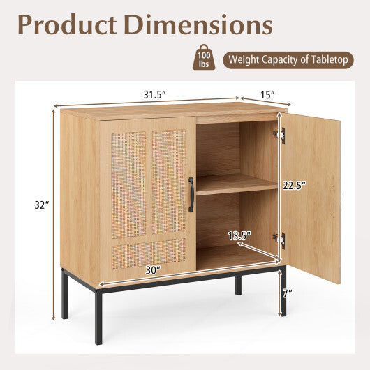 Boho Storage Cabinet with Asymmetrical Pattern Doors for Kitchen-Natural