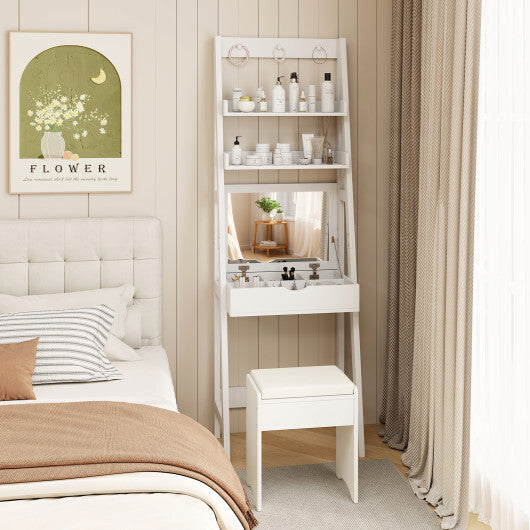 Vanity Desk Set with Flip Top Mirror Hidden Storage Compartments and Cushioned Stool-White W2B