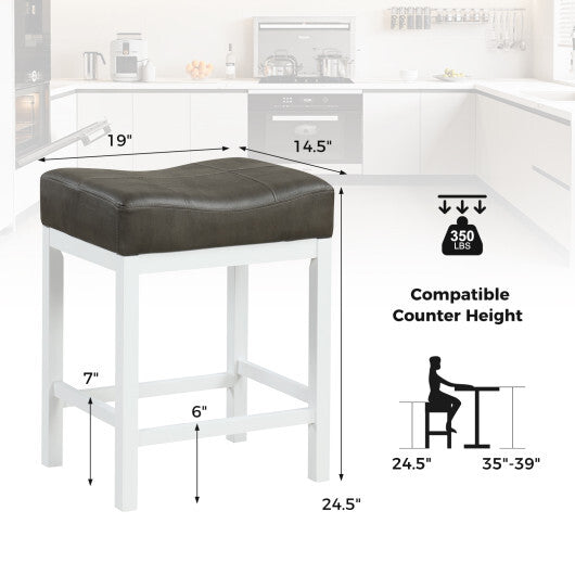 24.5 Inches Linen Fabric Saddle Stools Set of 2 with Cushioned Seat-Black and White W2B