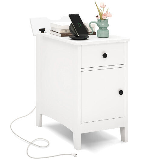 Flip Top End Table with Charging Station USB Ports Outlets and Drawer-White W2B