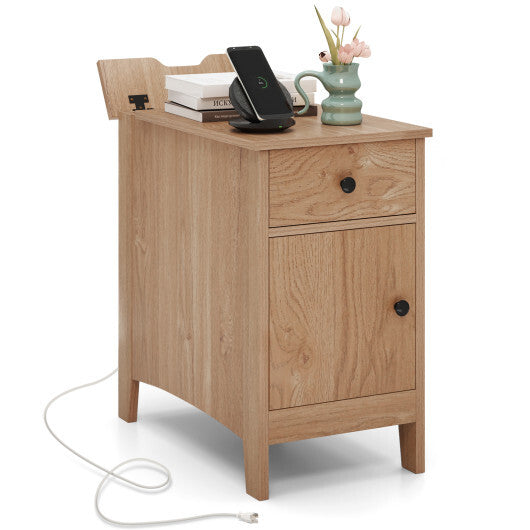 Flip Top End Table with Charging Station USB Ports Outlets and Drawer-Natural W2B